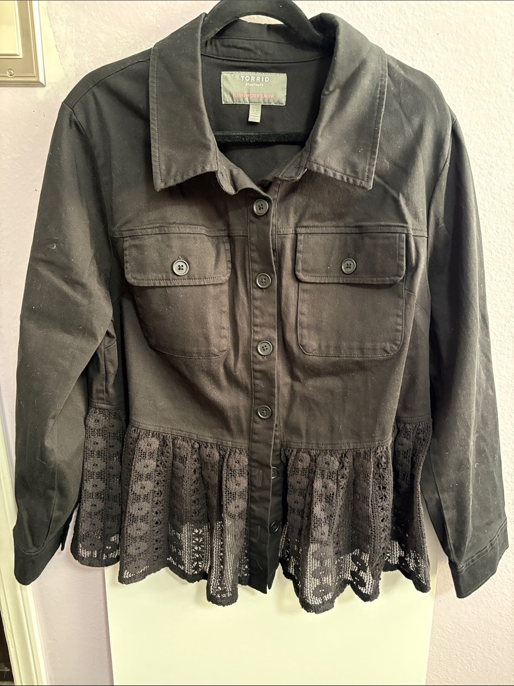 torrid Black Lace-Hem Button Front Jean Jacket size 1